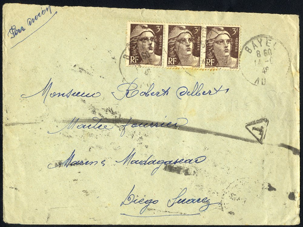 MADAGASCAR 1946 Envelope To DIEGO SUAREZ, Franked 3f (3) 'Marianne', Insufficient Postage & Taxed. Reverse - '2f' On 1f  - Other & Unclassified