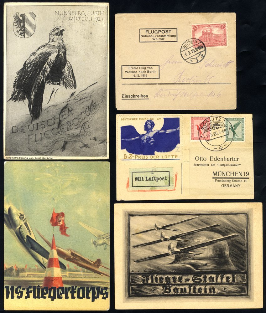 1919-38 Airmails/aviation Range Of Cards (14) & Covers (2) Incl. 1919 Cover Flown Waimar - Berlin With 1m Adhesive & Ber - Other & Unclassified