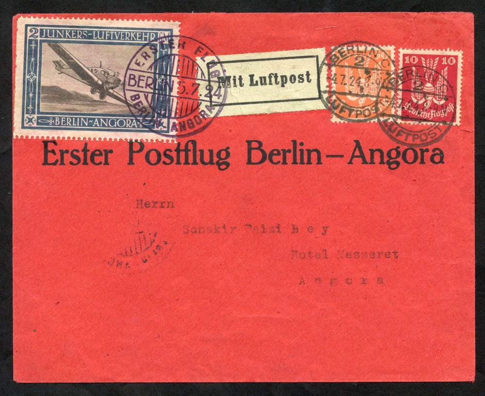 1924 Berlin - Angora, Red Cover With 'Junkers - Luftverkehr A. G. Berlin' Imprint On Back Flap, Franked With Semi-offici - Altri & Non Classificati