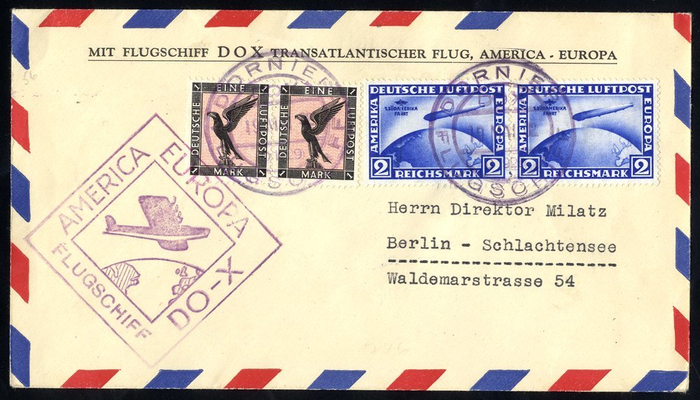 1932 Do X Cover Franked 1m Air Pair & 2m South America Zeppelin X 2 (Mi. 500E Each), Tied Dornier Double Ring D/stamp &  - Other & Unclassified