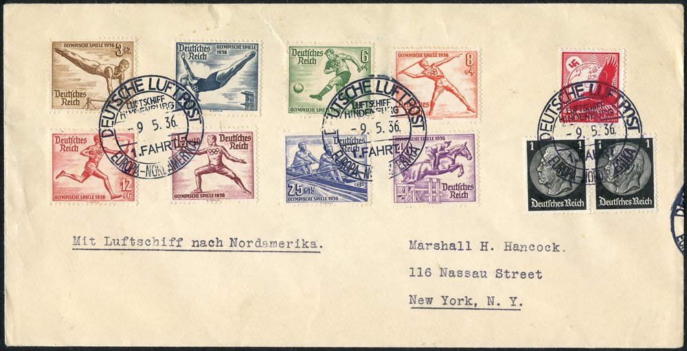 1936 (9 May) Olympic Games Cover To New York, Franked Olympic Set, Tied Hindenburg First Flight D/stamp, Also First Day  - Other & Unclassified