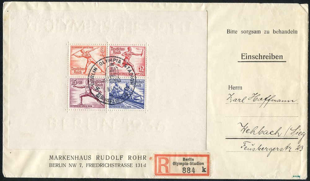 1936 Olympic Games Selection Of Four Covers, Franked Either M/Sheets Or Odd Values Incl. 40pfg, Bearing Various Event Ca - Altri & Non Classificati