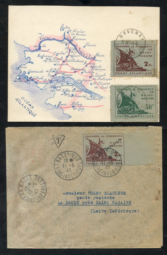 FRANCE 1945 Card Showing Hand Illustrated Map Bearing 50c & 2f St. Nazaire Ships, Tied Savenay C.d.s's, Cover Franked 2f - Other & Unclassified