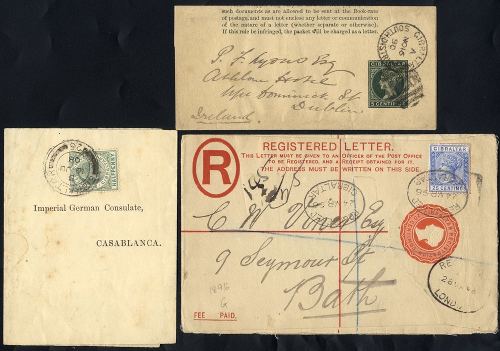 1890 5c Wrapper Cancelled A26 And GIB/SOUTH DISTRICT C.d.s, 1896 20c Reg Envelope To Bath With 25c Added & 1908 Printed  - Altri & Non Classificati