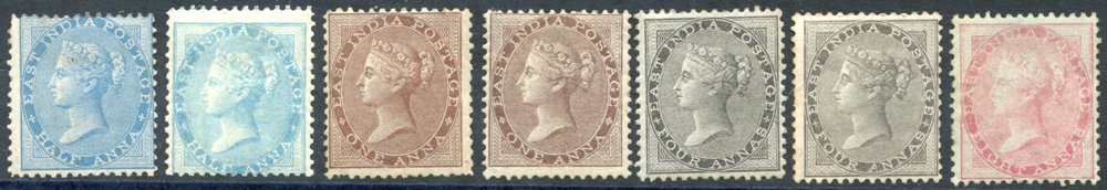 1856-64 No Wmk Pl.14 ½a Blue & ½a Pale Blue SG.37/8, 1a Brown - Missing Perf At Base & 1a Deep Brown SG.39/40, 4a Black  - Other & Unclassified