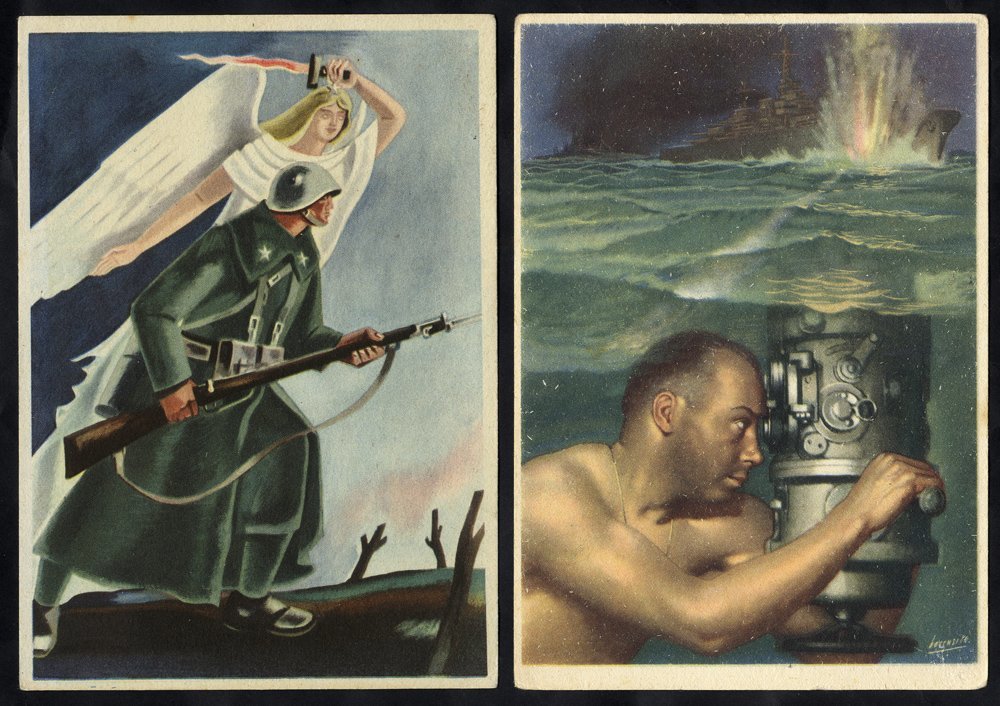 1940's Propaganda Cards (3 Coloured, 1 Sepia), Depicting Submarines, Ships, The War In Africa, Soldier & Angel. (4) - Other & Unclassified