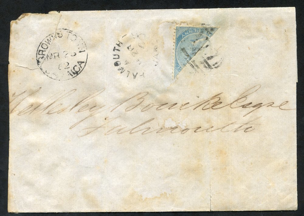 1862 Outer Letter Sheet With A Bisected 1d Cancelled By A Barred 'A77' Cancel Of STEWART TOWN. Browns Town MR.25.62 & Fa - Autres & Non Classés