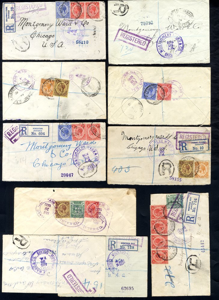 1919-20 Registered Envelopes (29) All To Montgomery Ward In Chicago, Many Small Towns/village Cancel Noted. Well Worth V - Other & Unclassified