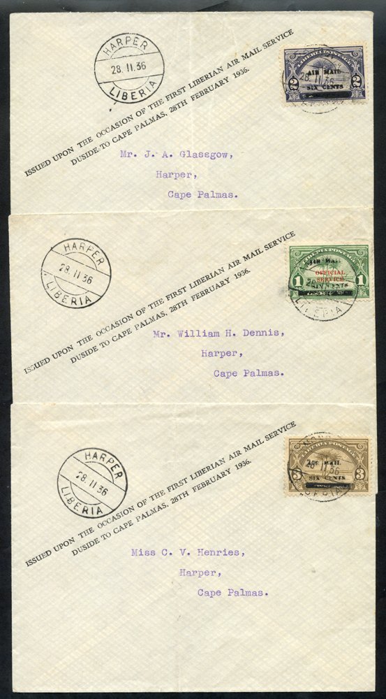 1936 Surcharge Set Of Three Used On Three First Flight Covers From Monrovia To Harper, Cape Palmas, Each Cover With The  - Other & Unclassified
