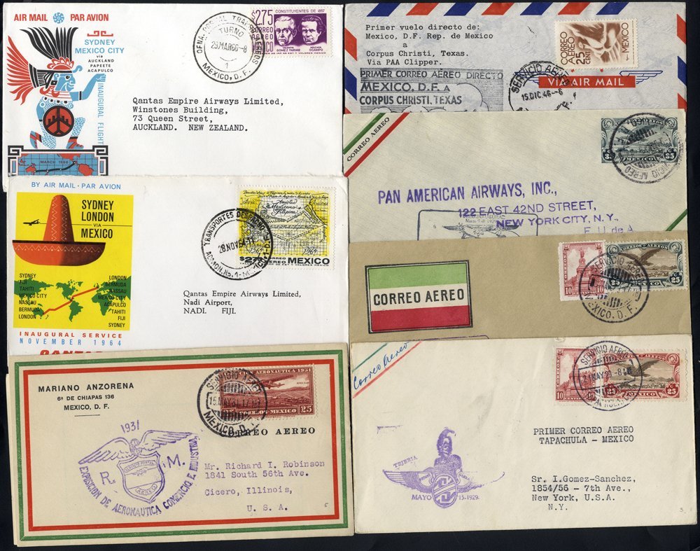 1929-66 Range Of Ten First Flight Covers Incl. CMA Mexico City - Matamoros 9.3.29 With Violet Cachet, Another But Black  - Other & Unclassified