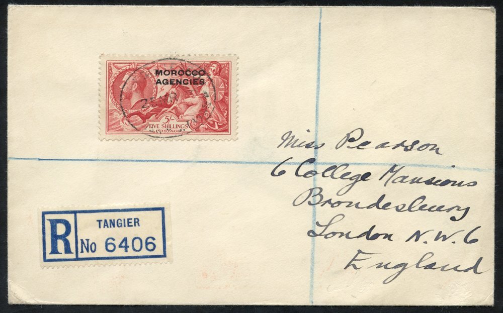 1939 Registered Envelope To England With 5s, Cancelled Registered British P.O Tangier 25.MR.39, Two Similar Cancels Are  - Altri & Non Classificati