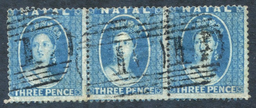 1859 3d Blue Perf 14 Strip Of Three (1st Is Creased), Light Cancels, SG.10. - Other & Unclassified