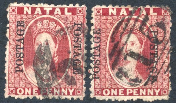 1874 1d Rose - Two Examples Cancelled '2' Of Durban And '15' Of Escourt, SG.65. - Other & Unclassified