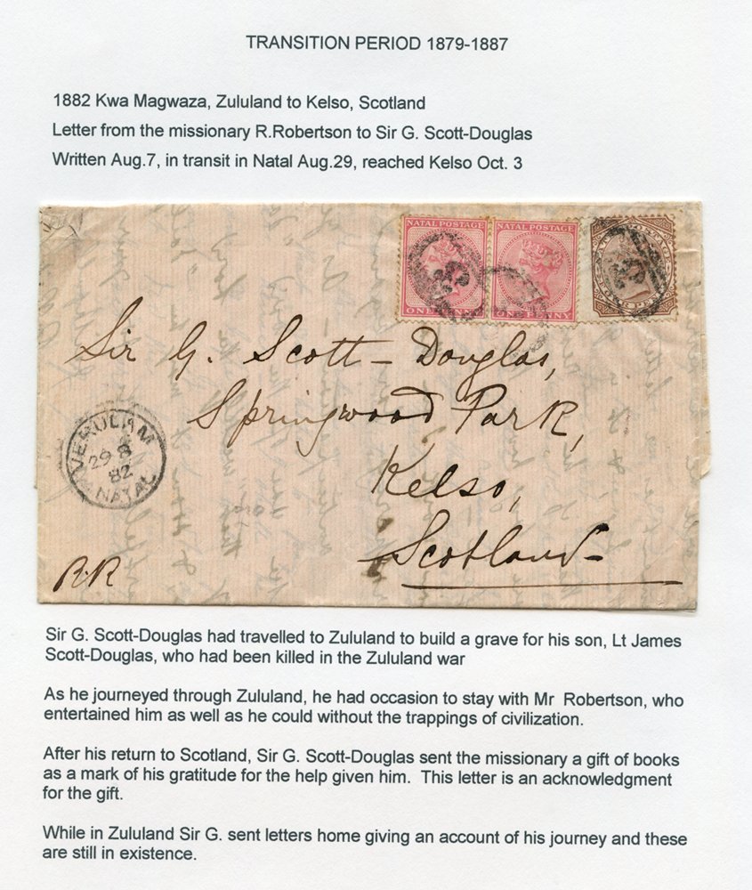 1882 Letter From The Missionary R. Robertson To Sir G. Scott-Douglas, Kelso, Scotland Who Had Been In Zululand To Build  - Altri & Non Classificati