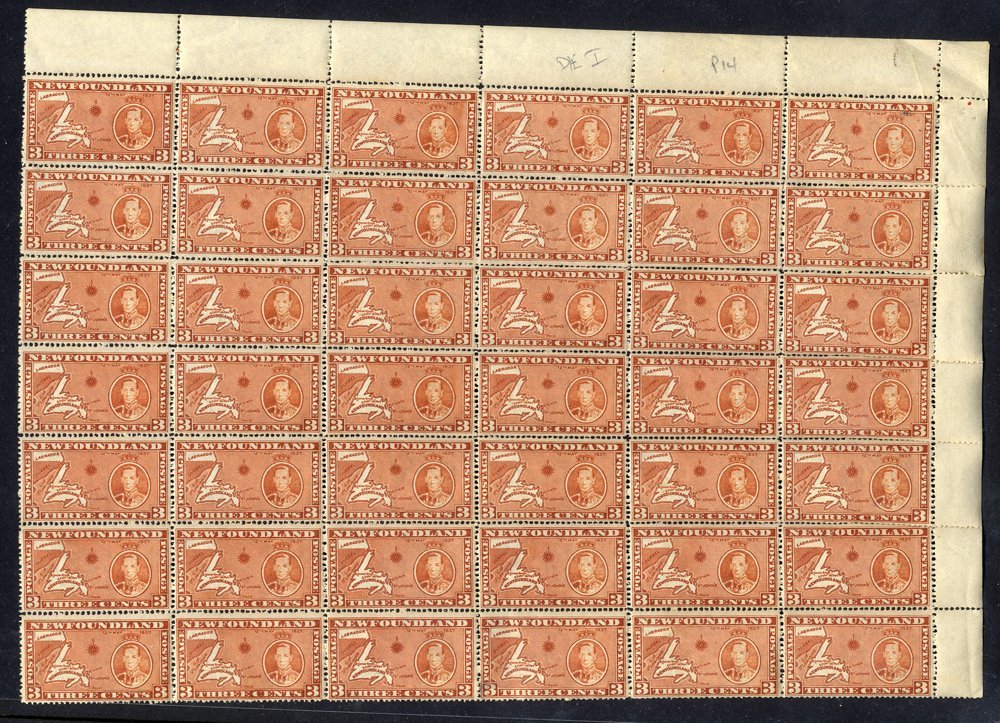 1937 Coronation 3c Orange-brown Die I Perf 14, UM Upper Right Corner Marginal Block Of 42, Couple Of Stamps With Faults, - Other & Unclassified