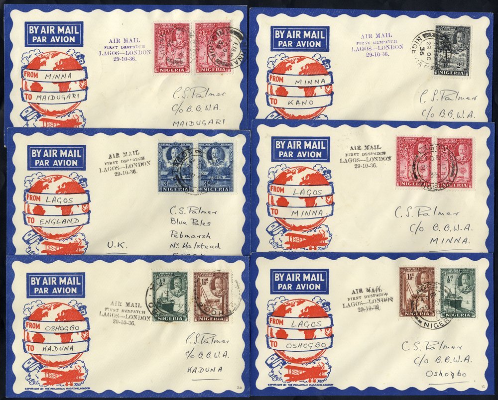1936 (29.10) Lagos - London First Flight, Series Of Illustrated Envelopes For Certain Stages Of The Route, Franked 2d Fo - Otros & Sin Clasificación