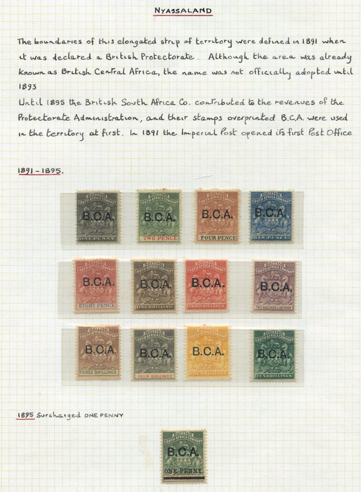 NYASALAND & B.C.A Small Collection Written Up On Album Pages With 1891-95 B.C.A Set To 10s M & 1895 1d On 2d Surcharge,  - Autres & Non Classés