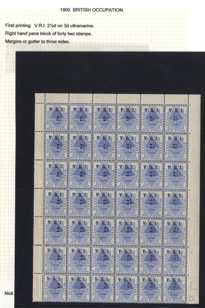 1900 2½d On 3d Ultramarine Overprinted V.R.I. (SG.104) UM Right Hand Pane Block Of 42 (approx 7 Affected By Tone Spots), - Sonstige & Ohne Zuordnung