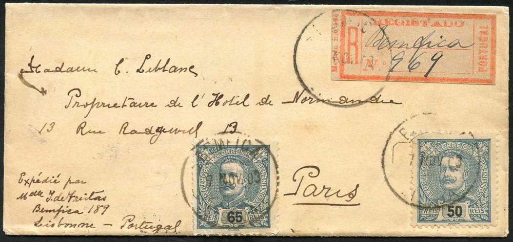 1903 Reg Envelope To France, Franked 50r Blue & 65r Deep Blue (Yv.132, 134), Tied Benfica Lisboa D/stamp With Reg Label  - Altri & Non Classificati