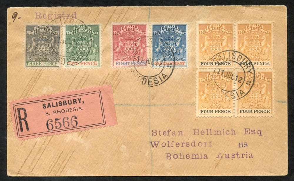 1912 Registered Cover To Austria With 1892 ½d, 3d & 8d And 1895 2d & 4d Block Of Four, All Cancelled Salisbury 11.JUL.12 - Other & Unclassified