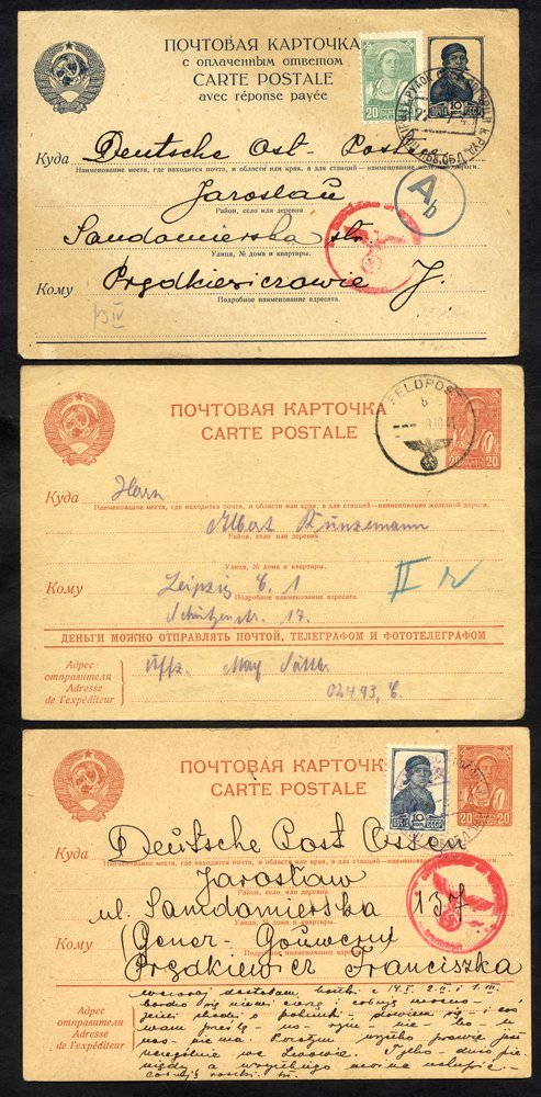 1940-41 Three Russian Stationery Cards Used With German Feldpost Cancels In Red Or Black, Scarce. - Other & Unclassified