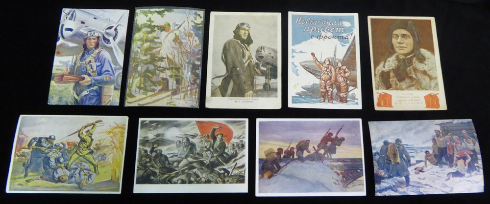 1941-44 Coloured Propaganda Cards Incl. Victorious Russian Soldiers Bayoneting German Soldiers, Russian Soldiers Advanci - Autres & Non Classés