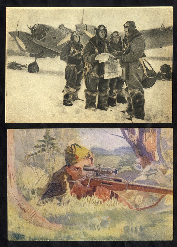 1944 Propaganda Cards (4) Depicting Russian Snipers, Another Three Cards Depicting Russian Pilots & Map Reading. (7) - Altri & Non Classificati