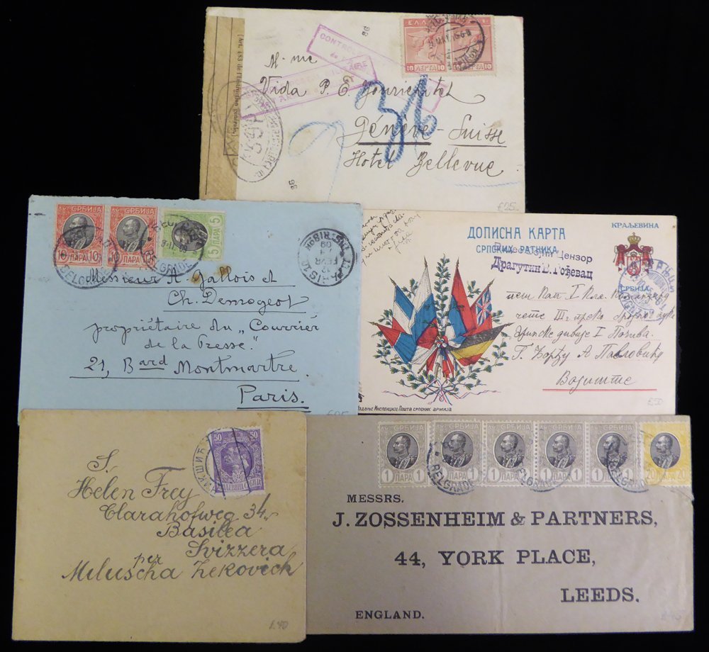 1909-19 Postal History Selection From 1909 To Leeds, Franked 1p Single + Strip Of Four, 20p Peter I In Frame, Tied Belgr - Altri & Non Classificati