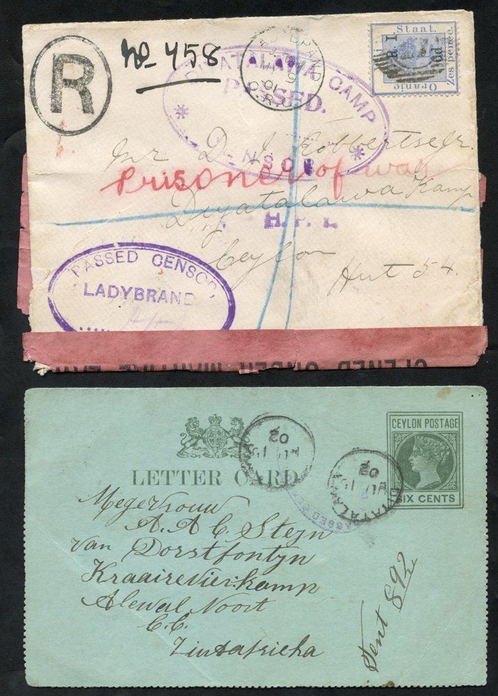 BOER WAR 1901 Censored Cover Registered From Ladybrand (MY 19) O.F.S. To Diyatalawa & A 1902 Ceylon 6c Letter Card To A  - Sonstige & Ohne Zuordnung