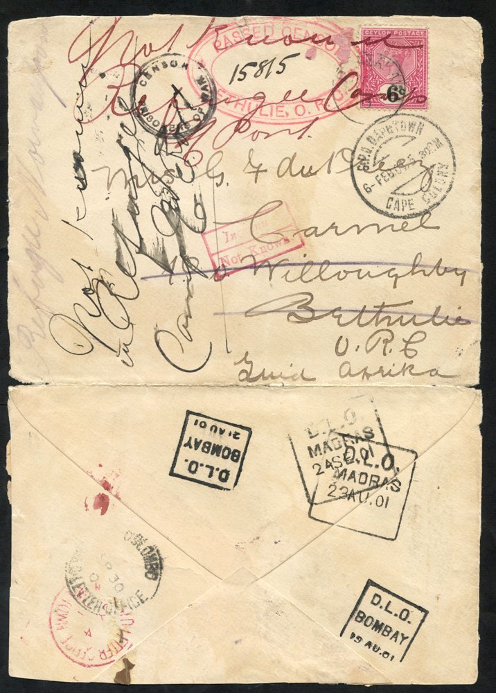 BOER WAR 1901 Censored Cover From Ceylon With A 6c Cancelled Diyatalawa JA 01. On Arrival At Bethulie, The Cover Could N - Sonstige & Ohne Zuordnung