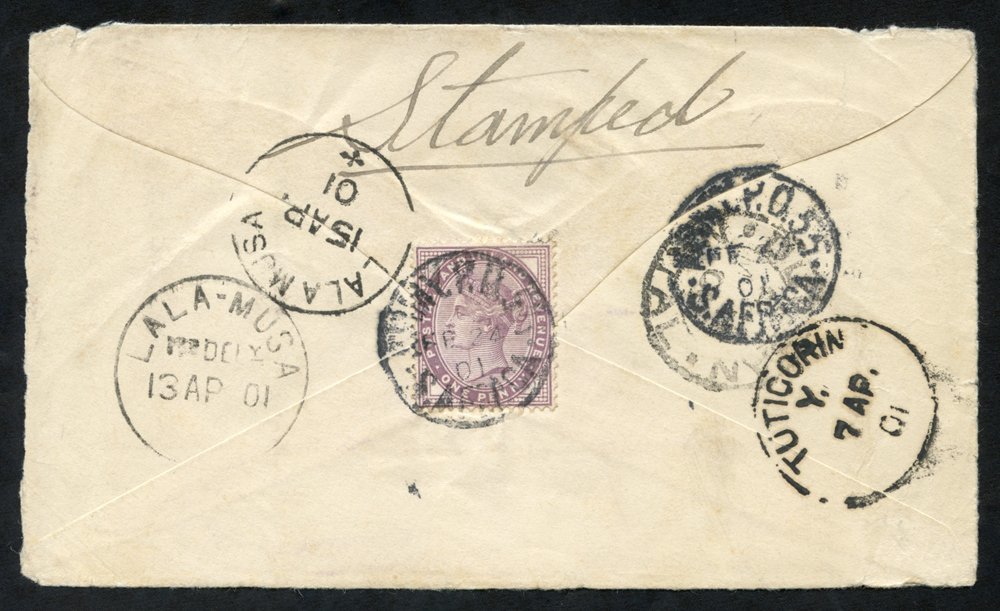 BOER WAR 1901 Cover To Lala-Musa, India, With A GB 1d On The Back Cancelled Army P.O. 55 FE.24.01 Durban, Tuticorin & La - Sonstige & Ohne Zuordnung