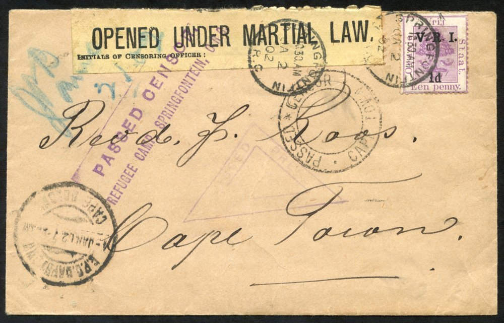 BOER WAR 1902 Censored Cover To Cape Town With A Free State 1d With The Thick 'V' Variety, Cancelled Springfontein JA.2. - Other & Unclassified