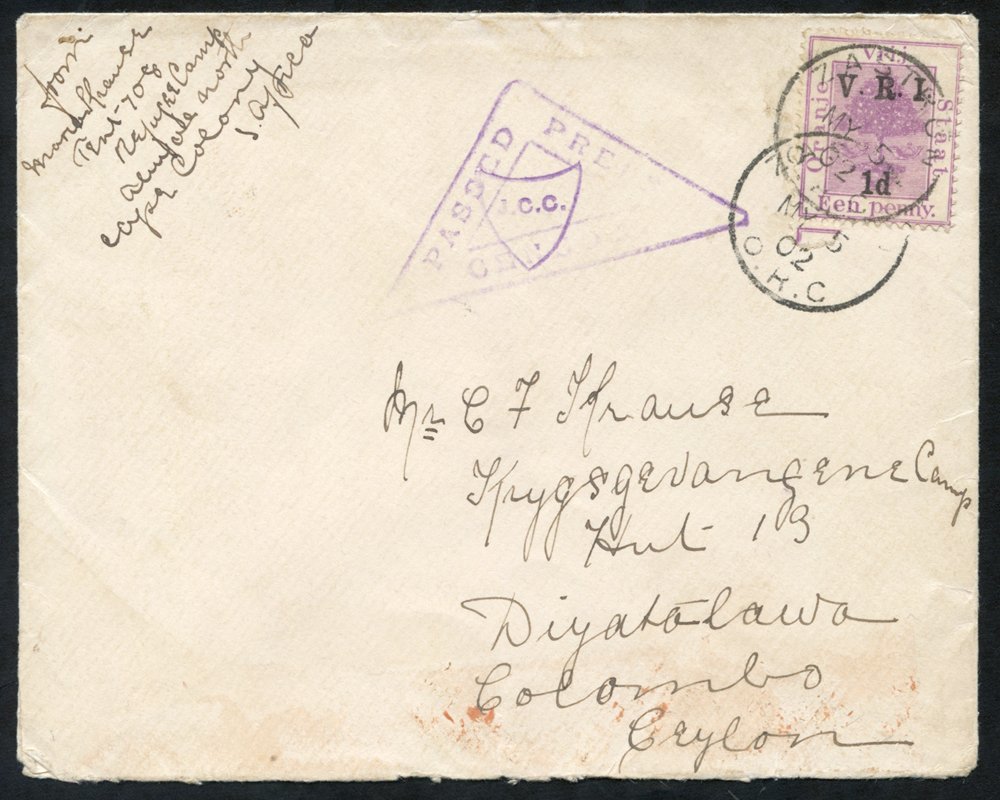 BOER WAR 1902 Censored Cover To Diyatalawa P.O.W Camp, Ceylon With A 1d Cancelled Zastron MY.5.02. The Cover Has Been En - Sonstige & Ohne Zuordnung