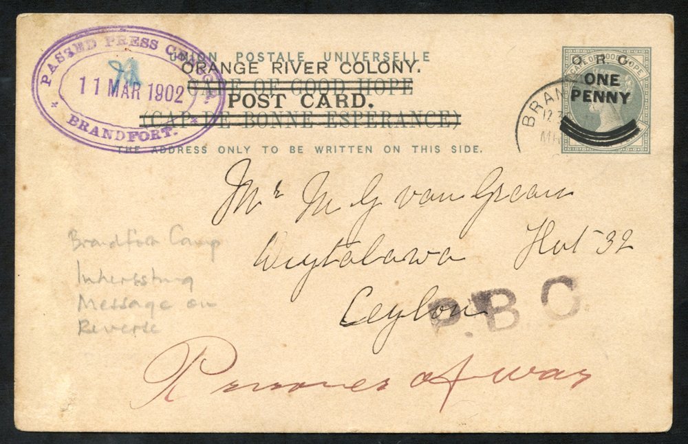 BOER WAR 1902 Censored O.R.C Postcard To A P.O.W At Diyatalawa P.O.W Camp Ceylon, Brandfort MAR.11.02 D/stamp & Censor C - Altri & Non Classificati