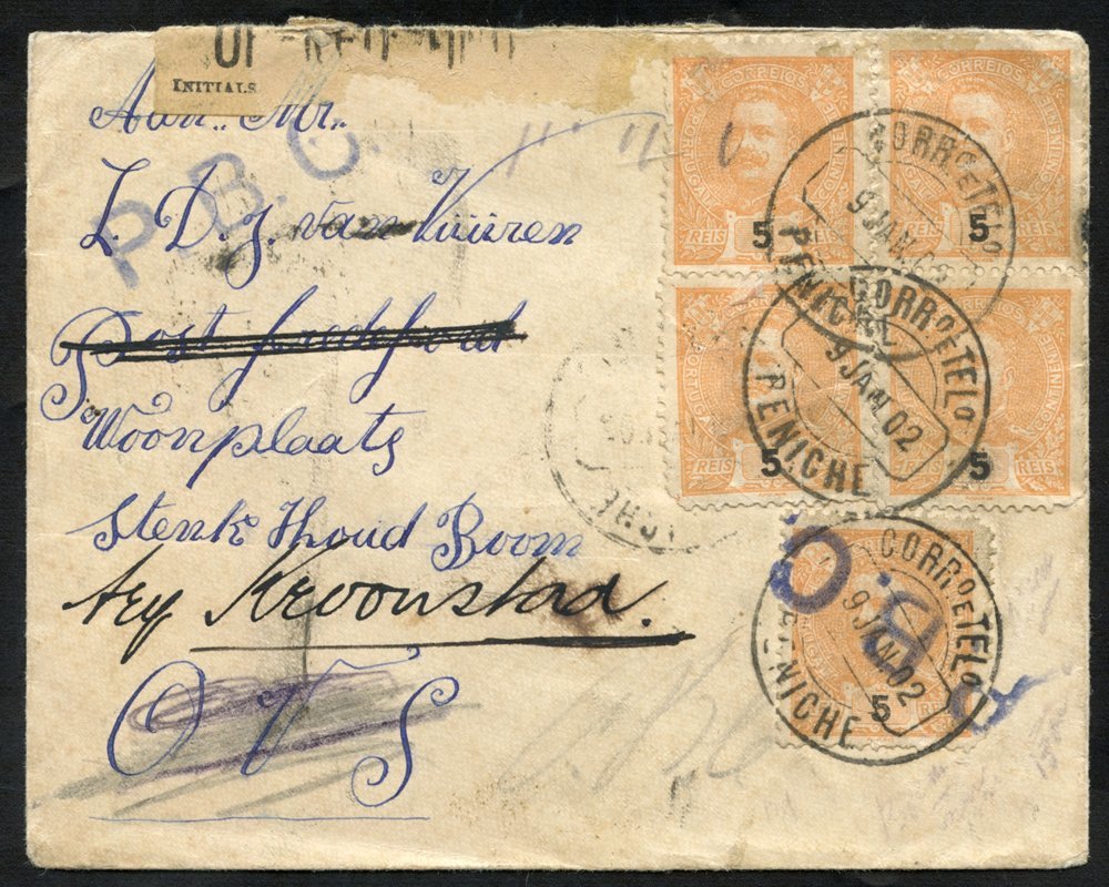 BOER WAR 1902 Cover To Kroonstad, O.F.S. From A P.O.W. At The Peniche Camp In Portugal. Five 5r Stamps Have Been Cancell - Altri & Non Classificati