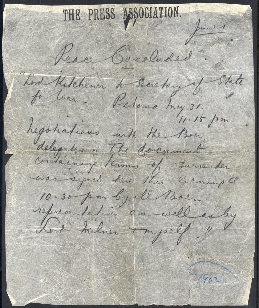 BOER WAR 1902 Document On 'The Press Association' Notepaper, Written By Lord Kitchener (Commander In Chief Of The Britis - Sonstige & Ohne Zuordnung