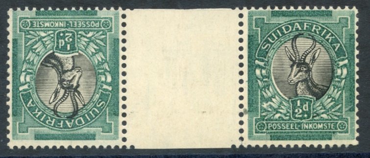 1930-44 ½d Springbok Black & Green, Interpanneau Pair, Variety Tête-bêche, M (gum Wrinkles & Fingerprint In Margin), SG. - Other & Unclassified