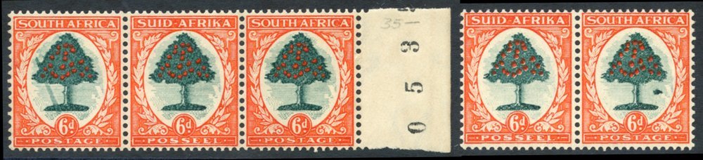 1933-48 6d Green & Vermilion, Die I With 'falling Ladder' Variety [R.5/10] Contained In A Horizontal Strip Of Three & 'm - Sonstige & Ohne Zuordnung