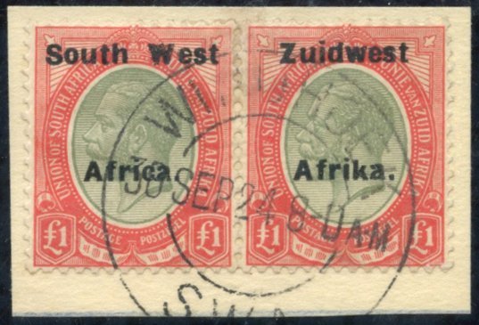 1924 £1 Pale Olive-green & Red Horizontal Pair, Neatly Cancelled & Tied On Piece By Windhoek 30 Sept 1924 Madame Joseph  - Altri & Non Classificati