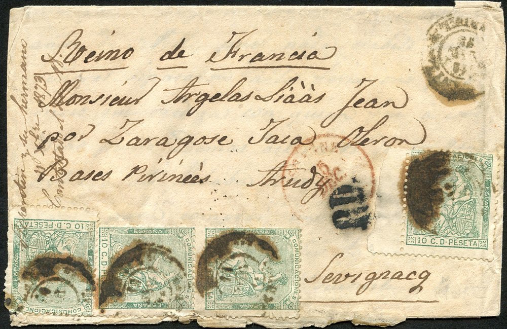 1873 Envelope To France, Bearing 10c Green (Yv.132), Tied By Feruel Double Ring With French Entry Cachet In Red, Routed  - Sonstige & Ohne Zuordnung