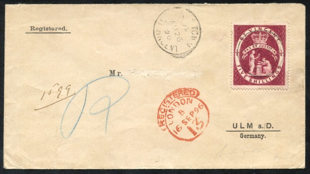 1896 'Kidderlin' Cover Registered To Ulm, Germany With His Name Scratched Out With A 5s Lake (SG.55), Cancelled With A L - Other & Unclassified