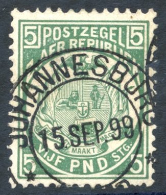 1892 £5 Deep Green, FU (blunt Perf At Lower Right Base), Johannesburg 15.SEP.99 Cancel. - Other & Unclassified