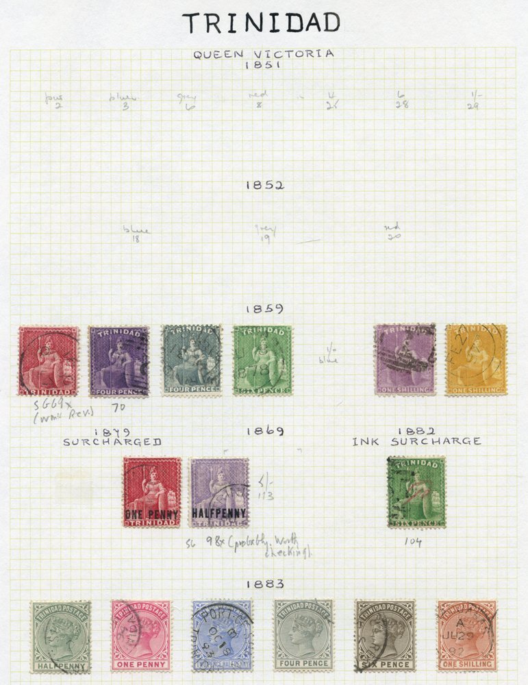 1859-1975 VFU Collection On Leaves Incl. Trinidad 1859 Seated Britannias To 1s Mauve & 1s Chrome Yellow, 1883 To 1s, 189 - Altri & Non Classificati