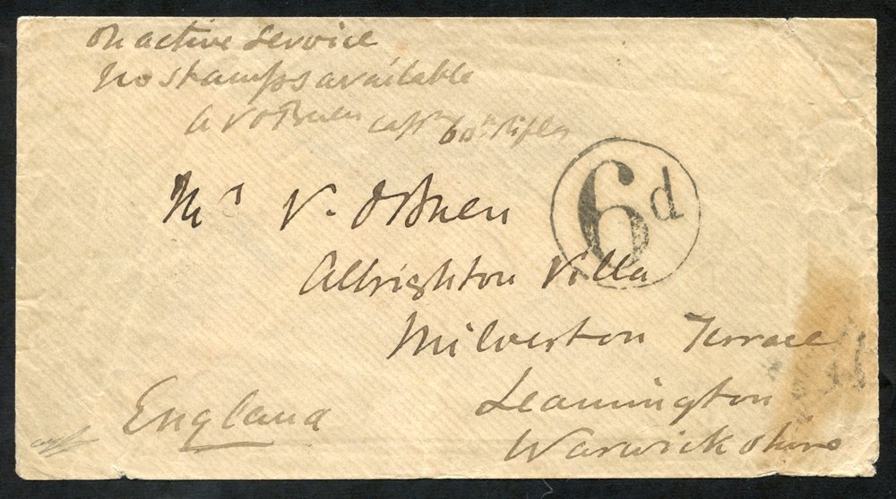 ZULU WAR 1879 Unstamped Cover To Leamington, England, Endorsed 'On Active Service, No Stamps Available, A.V O'Brien, Cap - Autres & Non Classés