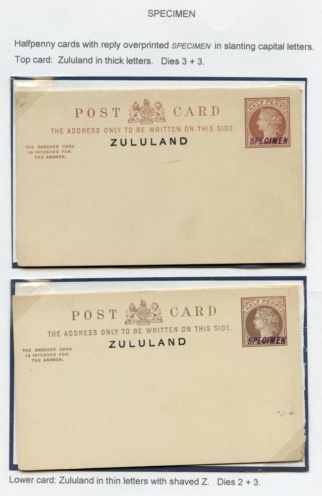1893 GB Overprinted Reply Paid Cards (2 Different) Both Hand Stamped 'SPECIMEN'. One Card Has 'ZULULAND' In Thicker Lett - Autres & Non Classés