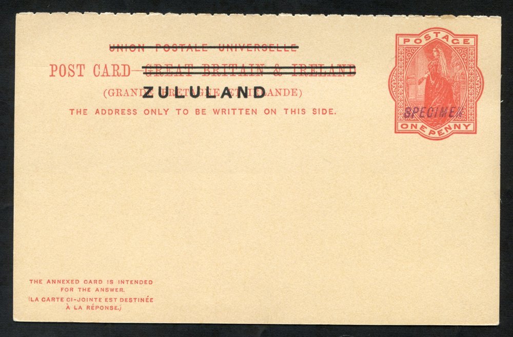 1893 GB Overprinted Zululand 1d Reply Paid Card, Both Portions Hand Stamped 'SPECIMEN.' - Autres & Non Classés