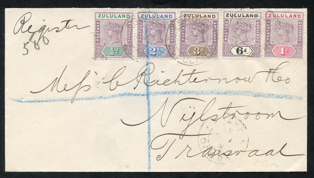 1897 Registered Cover With Five Values To 6d, Eshowe Cancels, Durban AP1 & Pretoria 3.APR.97 Back Stamps. - Other & Unclassified