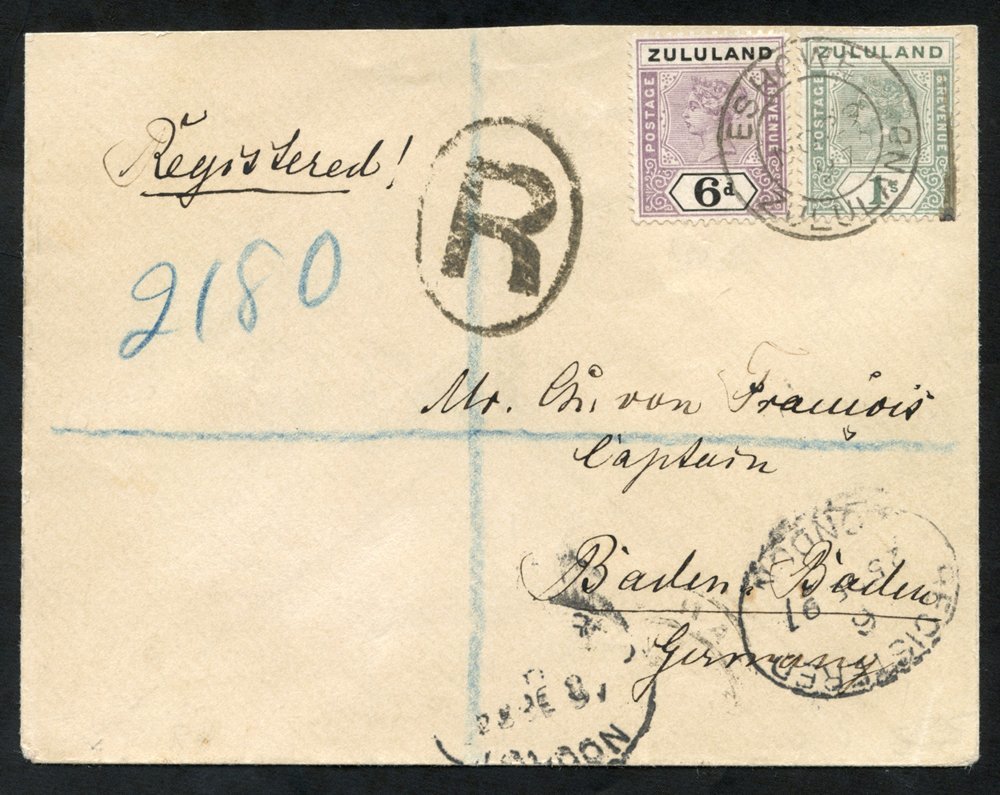 1897 Registered Cover To Germany With 6d & 1s, Cancelled Eshowe NO.29.97. Durban, London & Baden-Baden Transit And Arriv - Other & Unclassified
