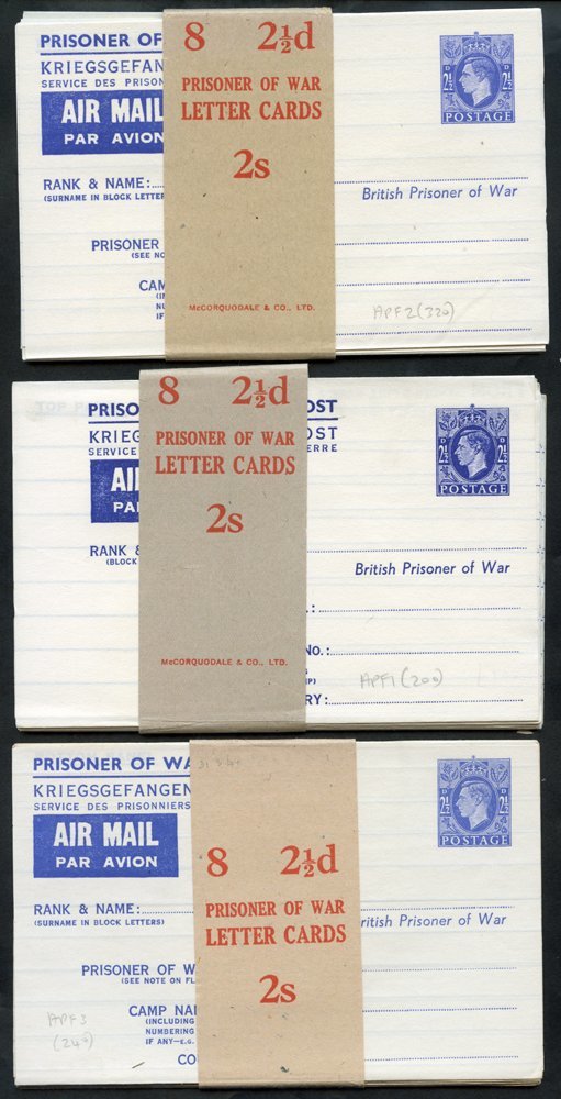 PRISONER OF WAR 2½d KGVI Unused Letter Sheets (Huggins APF 1, 2 & 3) Complete Packs Of Eight As Issued With Original Wra - Altri & Non Classificati
