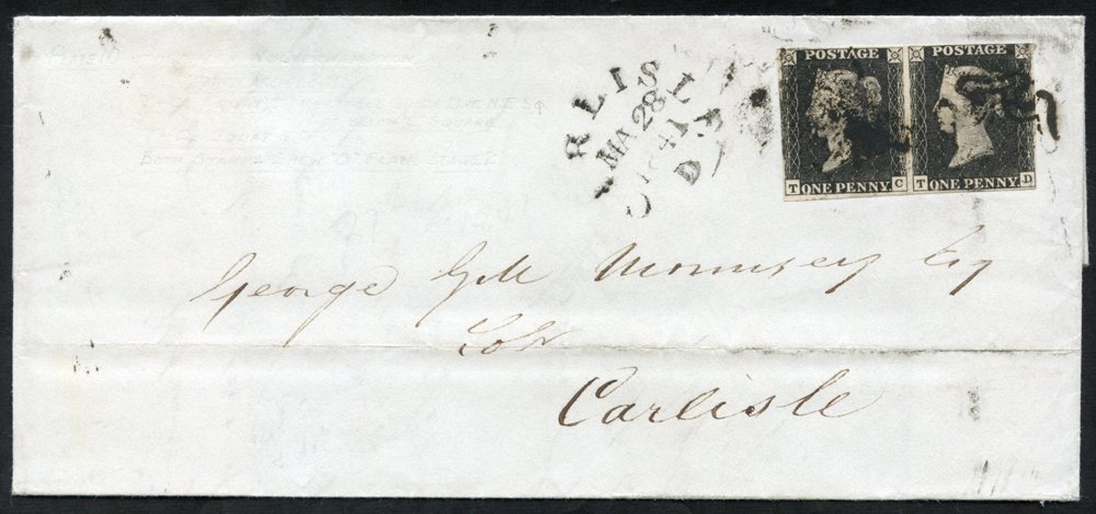 1841 May 27th Cover From Wolverhampton To Carlisle, Franked Pl.10 Horizontal Pair TC/TD Just Touching Along Top Of TD O/ - Sonstige & Ohne Zuordnung